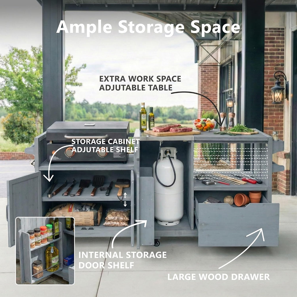 Wood Stainless Rolling Grill Cart