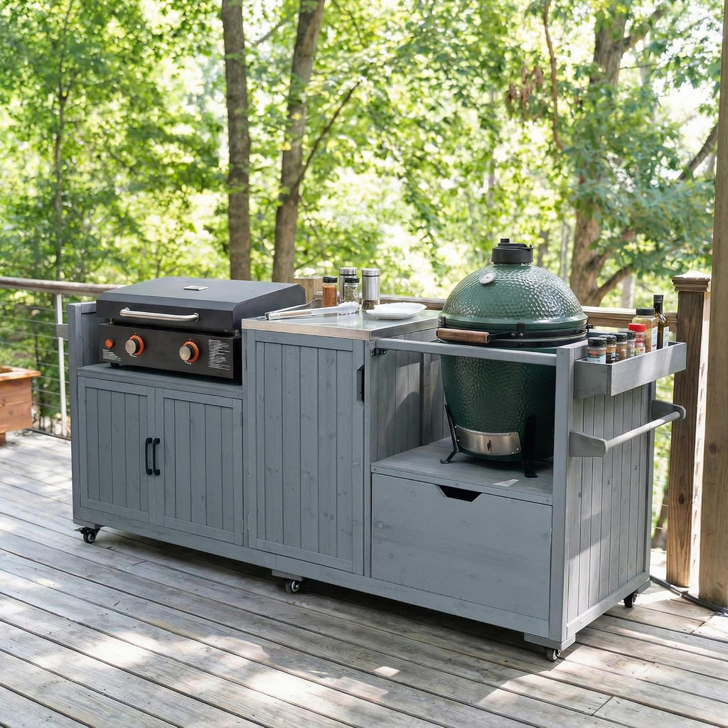 Wood Stainless Rolling Grill Cart