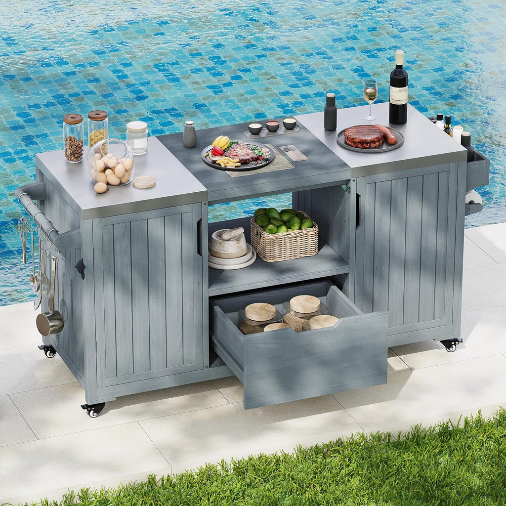 Wood Stainless Rolling Grill Island