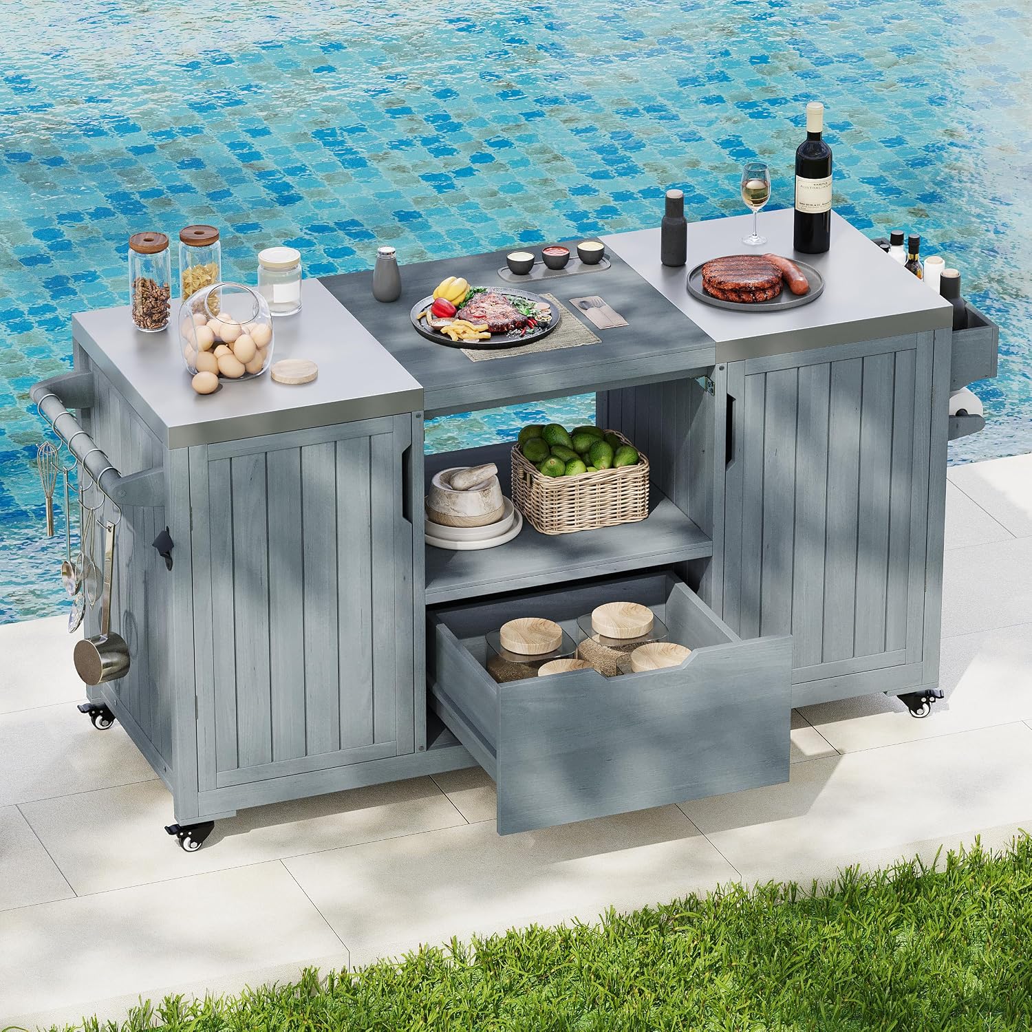 Wood Stainless Rolling Grill Island